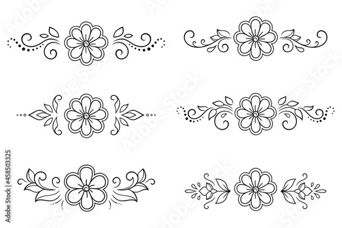 Set of Mehndi flower pattern for Henna drawing and tattoo. Decoration in ethnic oriental, Indian style. Doodle ornament. Outline hand draw vector illustration.