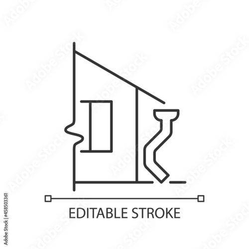 Roof drains linear icon. Roof drainage system. Keeping water away from building foundation. Thin line customizable illustration. Contour symbol. Vector isolated outline drawing. Editable stroke
