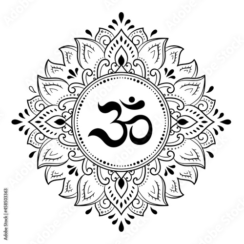 Circular pattern in form of mandala for with flower Henna, Mehndi, tattoo, decoration. Decorative ornament in oriental style with ancient Hindu mantra OM. Outline doodle vector illustration.