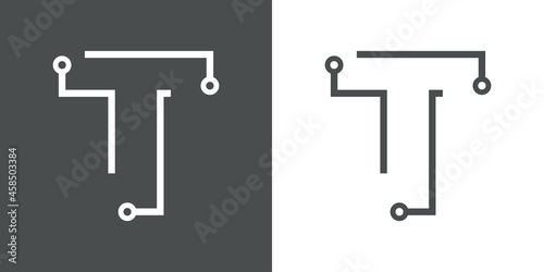 Logotipo letra inicial T con forma de circuito electrónico con lineas en fondo gris y fondo blanco