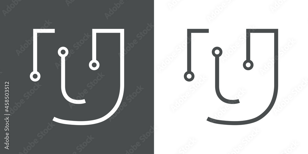 Logotipo letra inicial U con forma de circuito electrónico con lineas en fondo gris y fondo blanco Logotipo letra inicial U con forma de circuito electrónico con lineas en fondo gris y fondo blanco