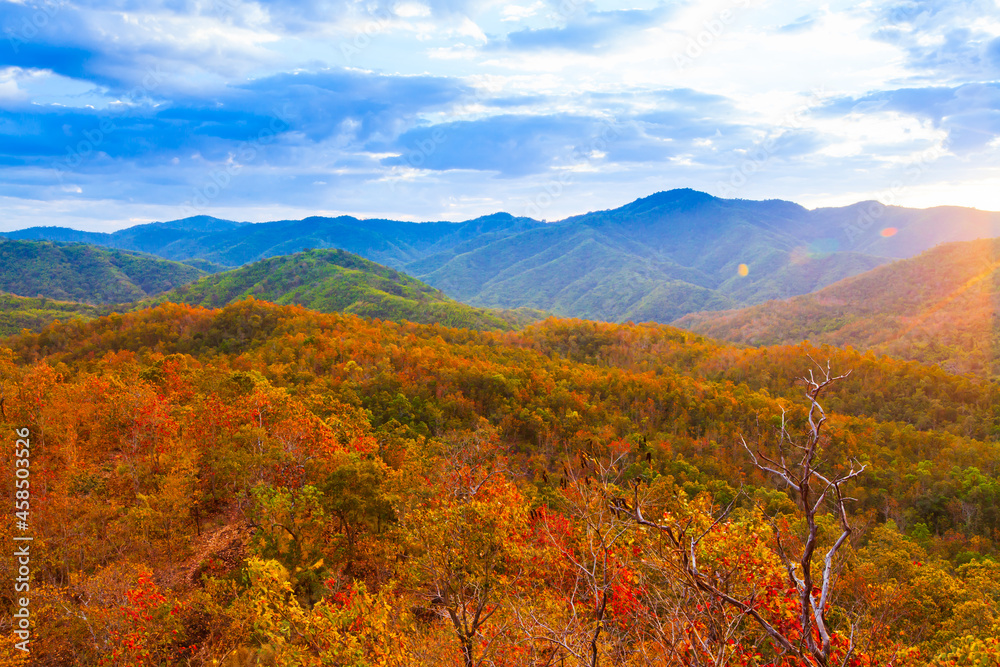 Scenery of autumn mountains at sunset.