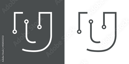Logotipo letra inicial U con forma de circuito electrónico con lineas en fondo gris y fondo blanco