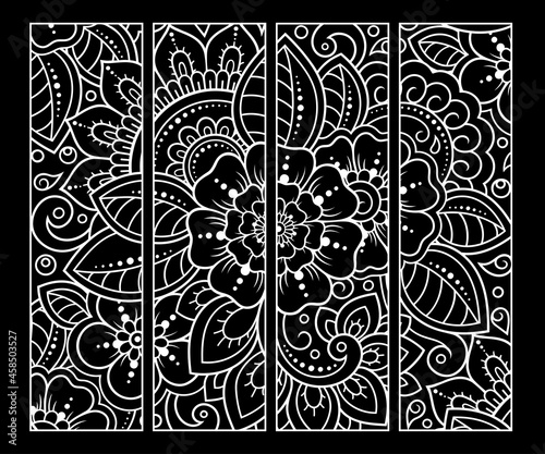 Printable bookmark for book - coloring. Set of black and white labels with flower patterns, hand draw in mehndi style. Sketch of ornaments for creativity of children and adults with colored pencils.