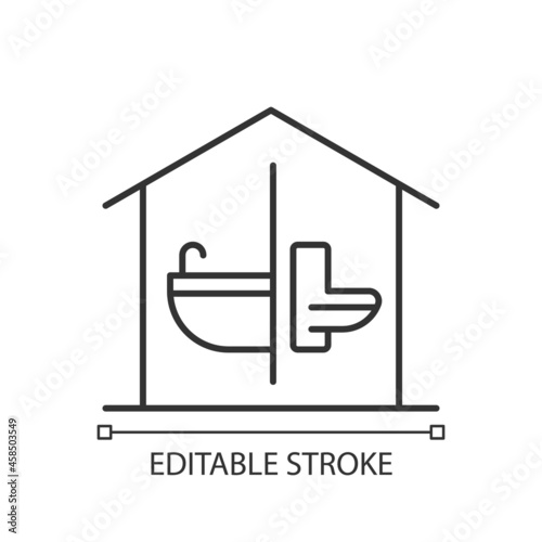 Sanitation facilities linear icon. Hygienic conditions maintenance. Accessible bathroom in home. Thin line customizable illustration. Contour symbol. Vector isolated outline drawing. Editable stroke