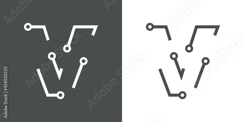 Logotipo letra inicial V con forma de circuito electrónico con lineas en fondo gris y fondo blanco