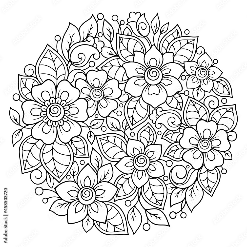 Plakat Outline round flower pattern in mehndi style for coloring book page. Antistress for adults and children. Doodle ornament in black and white. Hand draw vector illustration.