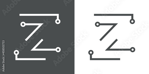 Logotipo letra inicial Z con forma de circuito electrónico con lineas en fondo gris y fondo blanco