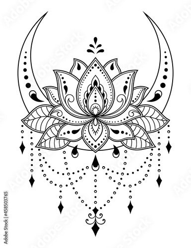 Crescent symbol with lotus flower in mehndi style. Traditional Oriental symbols for decoration of room, greeting cards, prints on clothing, sports equipment, tattoos and henna.