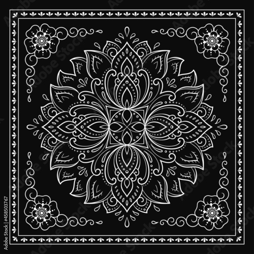 Circular pattern in form of mandala with Lotus flower for Henna, Mehndi, decoration. Black decorative ornament in ethnic oriental style for a bandana. Outline doodle hand draw vector illustration.