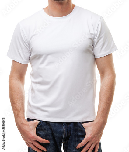 Blank white tshirt on young man template on white background