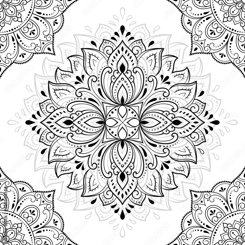 Seamless decorative ornament in ethnic oriental style. Circular pattern in form of mandala and flower for Henna, Mehndi, tattoo, decoration. Doodle outline hand draw vector illustration.