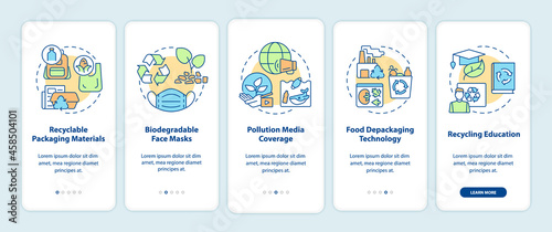 Waste recycling trends onboarding mobile app page screen. Biodegradable products walkthrough 5 steps graphic instructions with concepts. UI, UX, GUI vector template with linear color illustrations
