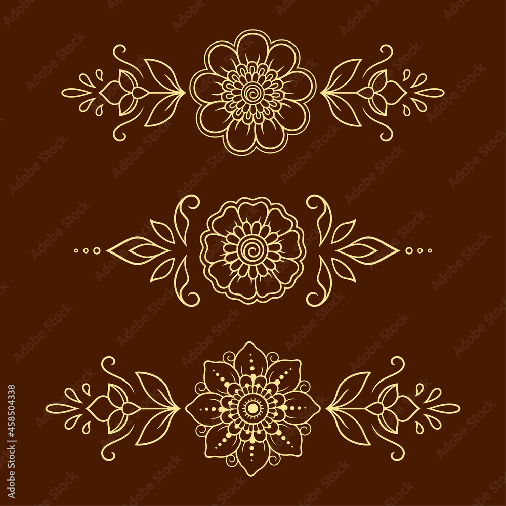 Set of Mehndi flower pattern for Henna drawing and tattoo. Decoration in ethnic oriental, Indian style. Doodle ornament. Outline hand draw vector illustration. Set of Mehndi flower pattern for Henna drawing and tattoo. Decoration in ethnic oriental, Indian style. Doodle ornament. Outline hand draw vector illustration.