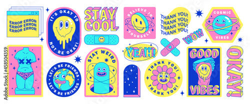 Sticker pack of funny cartoon characters, greek statues, emoji, Earth, planet and elements in psychedelic weird style.