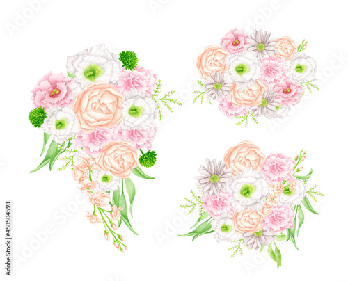 Watercolor flower bouquets illustration set. Hand drawn boho floral arrangements isolated on white. Elegant blush  white and pink flower heads with greenery for wedding invitations  cards