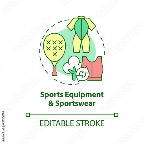 Sports equipment, sportswear concept icon. Sport clothes production from recycled, upcycled materials idea thin line illustration. Vector isolated outline color drawing. Editable stroke