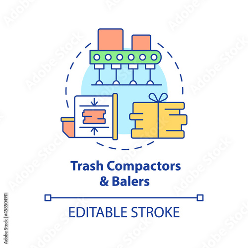 Trash compactors, balers concept icon. Garbage processing, compressing equipment. Recycling of waste abstract idea thin line illustration. Vector isolated outline color drawing. Editable stroke