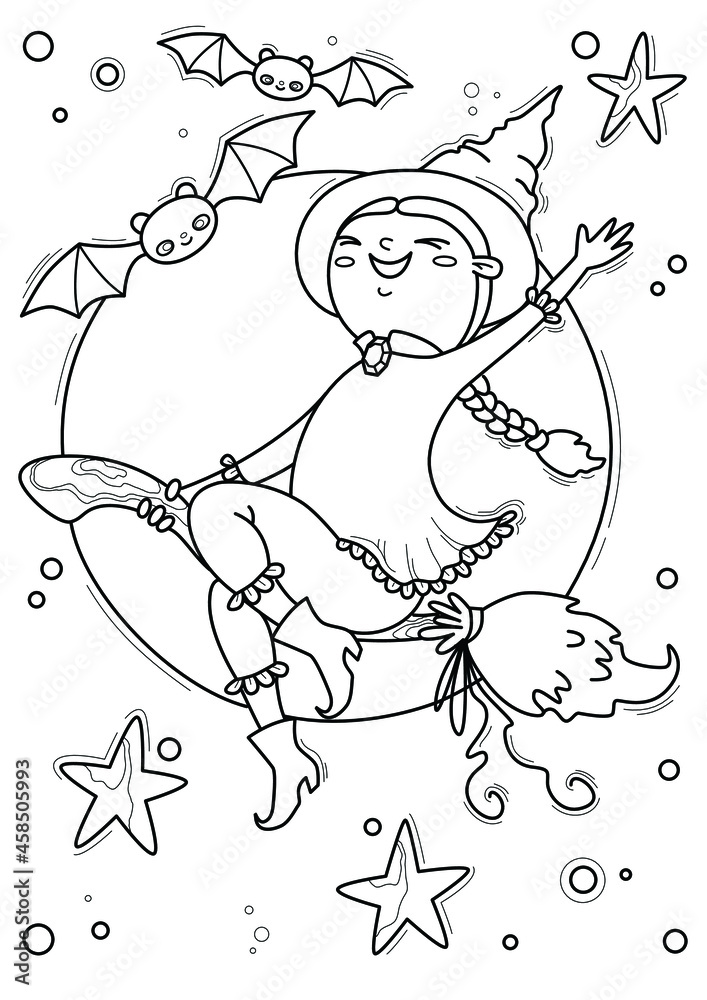 Cartoon page for coloring book with Halloween witch, hand-drawn vector