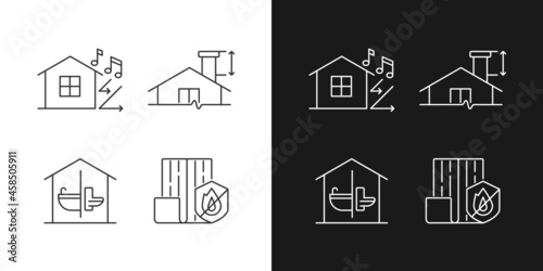 Home construction safety linear icons set for dark and light mode. Sound insulation. Minimum chimney height. Customizable thin line symbols. Isolated vector outline illustrations. Editable stroke