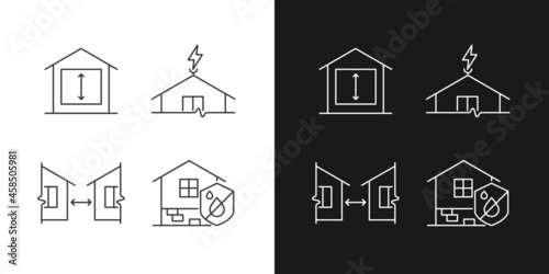 Building safe house linear icons set for dark and light mode. Minimum ceiling height. Distance between buildings. Customizable thin line symbols. Isolated vector outline illustrations. Editable stroke