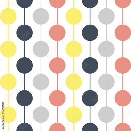 Seamless Nordic style pattern with colorful (yellow, pink, grey and navy blue) circles and stripes decoration on white background