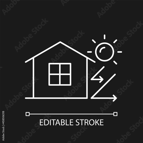 Heat insulation white linear icon for dark theme. House isolation from heat. Thermal insulation. Thin line customizable illustration. Isolated vector contour symbol for night mode. Editable stroke