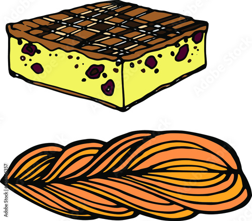 Vector hand drawn colored doodles sweeties, bakery elements, cheese pudding, baklava, confectionary