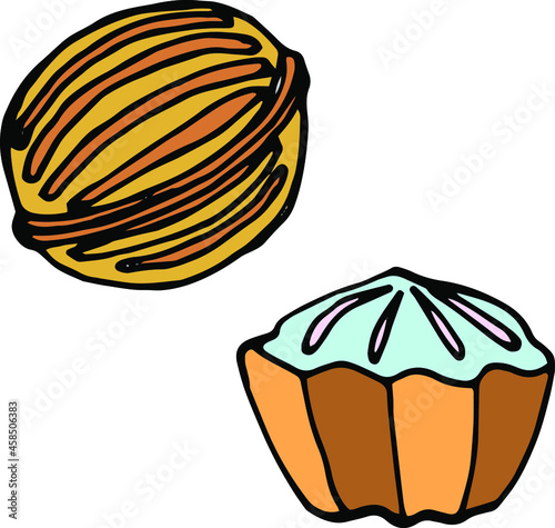 Vector hand drawn colored doodles sweeties, bakery elements, nuts cookie, cupcake, muffin, confectionary