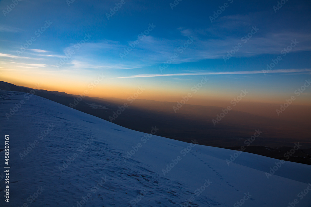 Beautiful sunset in the mountains evening view of the Tien Shan mountain range, Kyrgyzstan