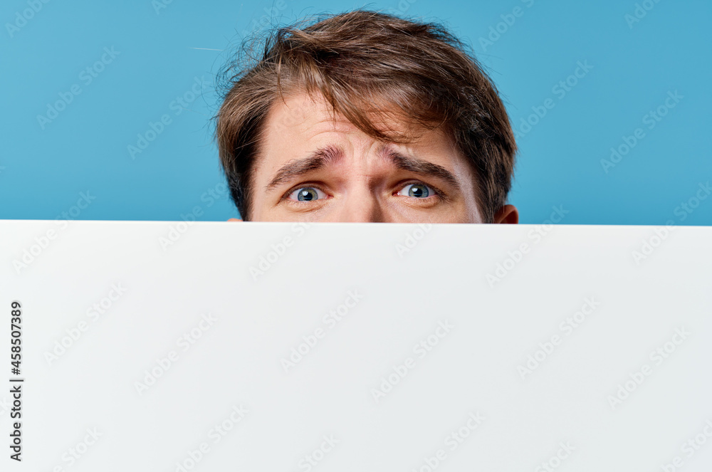 Cheerful man banner copy-space advertising presentation close-up Cheerful man banner copy-space advertising presentation close-up