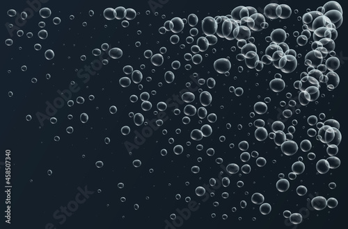 Transparent fizzy bubbles. Sparkles champagne. Fizzy pop and effervescent drink. Abstract fresh soda and air bubbles, oxygen, champagne crystal. Vector illustration on black background.