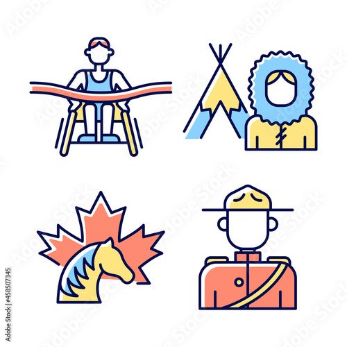 People of Canada RGB color icons set. Famous para athletes. Mounted police uniform. Inuit nationality. Canadian horse. Isolated vector illustrations. Simple filled line drawings collection