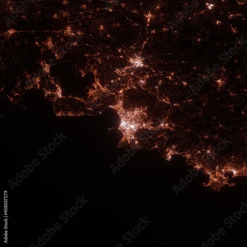 Marseille city lights map, top view from space. Aerial view on night street lights. Global networking, cyberspace