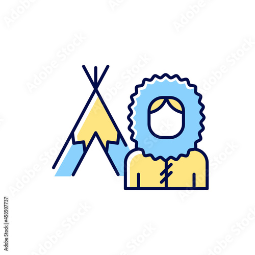 Inuit population RGB color icon. Indigenous peoples of Canada. Traditional shelter igloo. Northern nation and its culture. Historical heritage. Isolated vector illustration. Simple filled line drawing