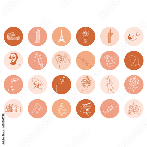 Collection of highlight story covers for social media. Line art vector elements and icons with woman, travel, fashion, beauty, floral details, man, motherhood for your blog or website.

