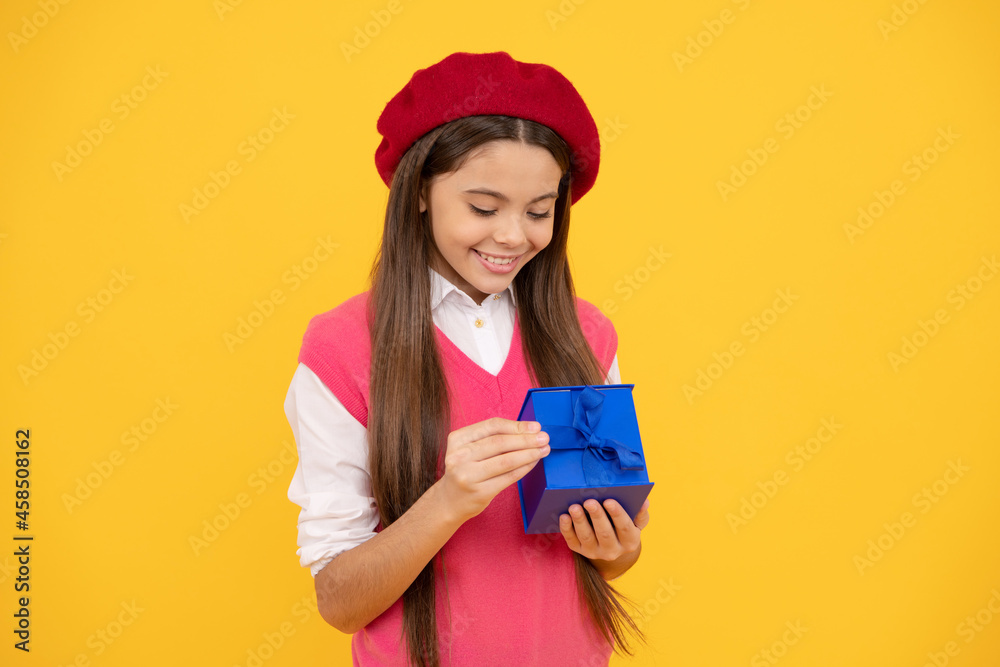 childhood happiness. boxing day. cheerful kid in beret. smiling child has birthday. childhood happiness. boxing day. cheerful kid in beret. smiling child has birthday.
