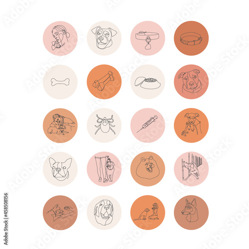 Pet care social media story and highlight cover icons set. Animal health. Dog products. Trendy template for bloggers. 