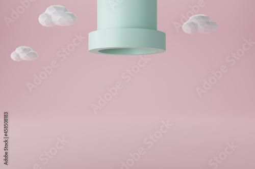 Minimal scene yellow, green ,blue water pipe and white cloud on pink background.3D Render illustration with shallow depth of feild. Use For Product Showcase.pastel color Tone. Cute color. 