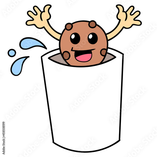 chocochips cake in a glass of milk, doodle icon image kawaii