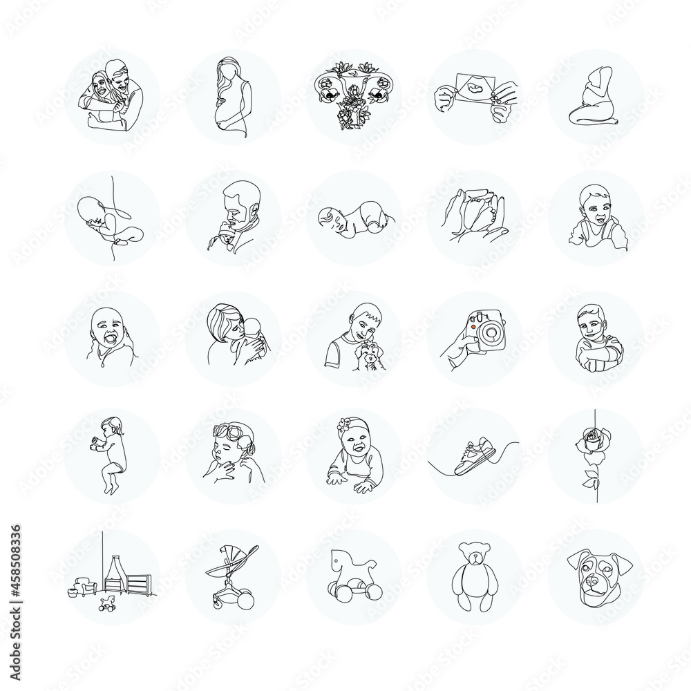 Mother Instagram Highlights cover icons. Summer icons. Outline. Vector
