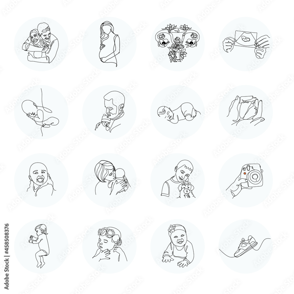 Mother Instagram Highlights cover icons. Summer icons. Outline. Vector
