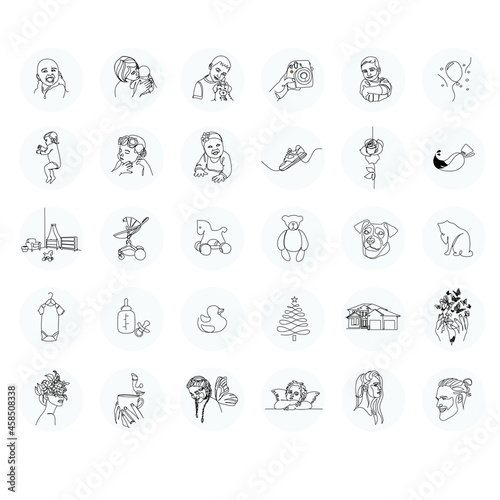 Mother Blog Instagram Highlights cover icons. Mom line art  icons. Motherhood Outline. Vector