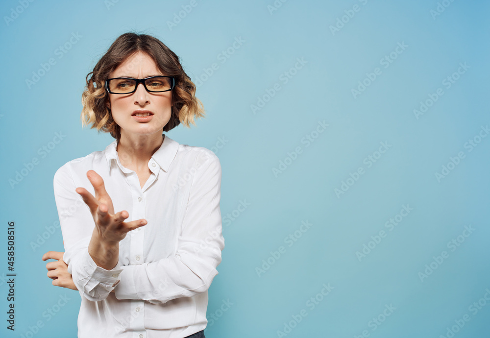 Business woman in white shirt emotions office manager Business woman in white shirt emotions office manager