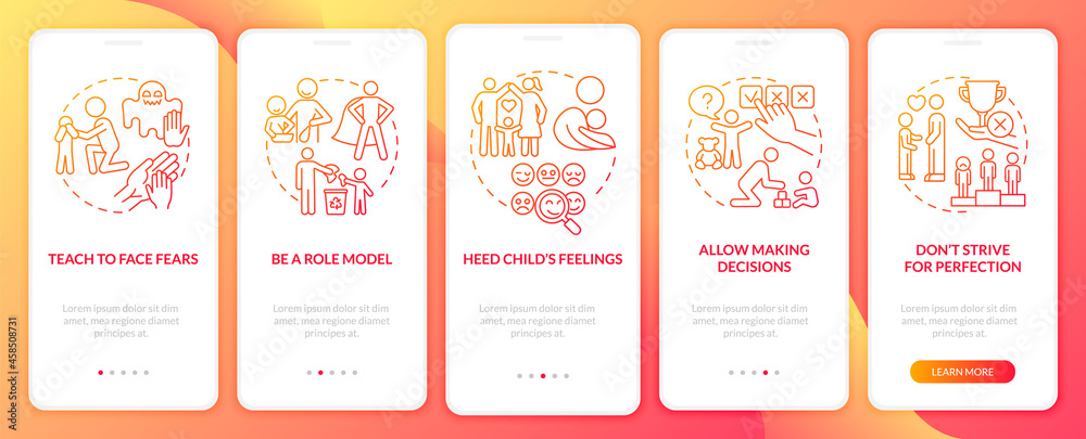 Bringing up tips red gradient onboarding mobile app page screen. Child mental health walkthrough 5 steps graphic instructions with concepts. UI, UX, GUI vector template with linear color illustrations