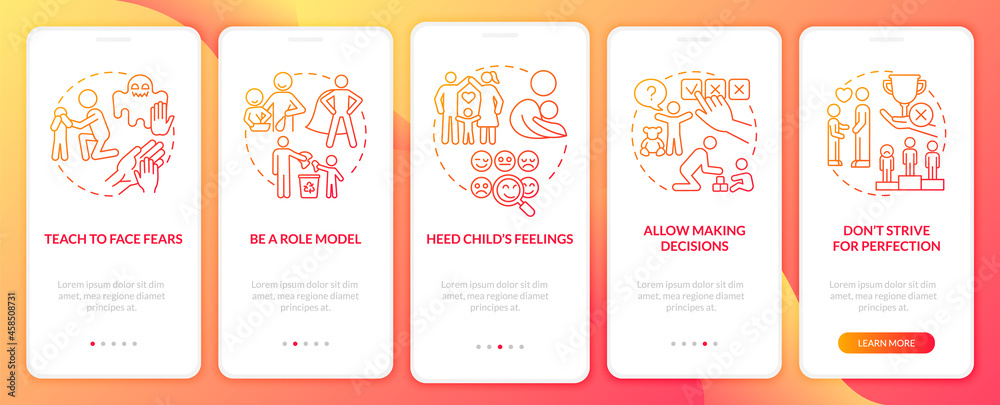 Bringing up tips red gradient onboarding mobile app page screen. Child mental health walkthrough 5 steps graphic instructions with concepts. UI, UX, GUI vector template with linear color illustrations Bringing up tips red gradient onboarding mobile app page screen. Child mental health walkthrough 5 steps graphic instructions with concepts. UI, UX, GUI vector template with linear color illustrations