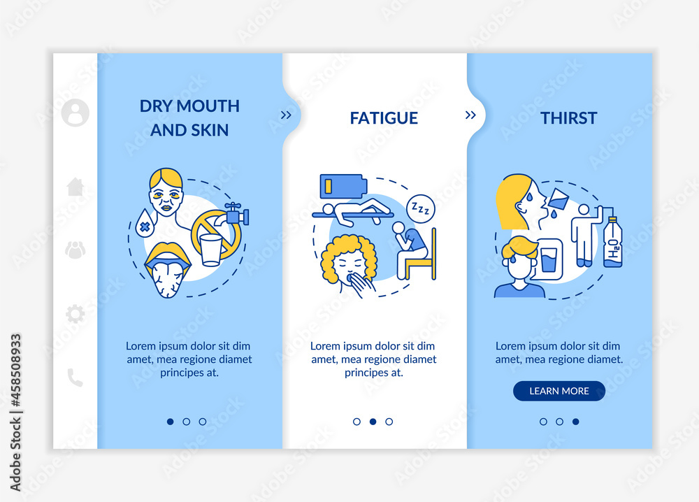Dehydration symptoms onboarding vector template. Responsive mobile website with icons. Web page walkthrough 3 step screens. Signs of fluid loss color concept with linear illustrations