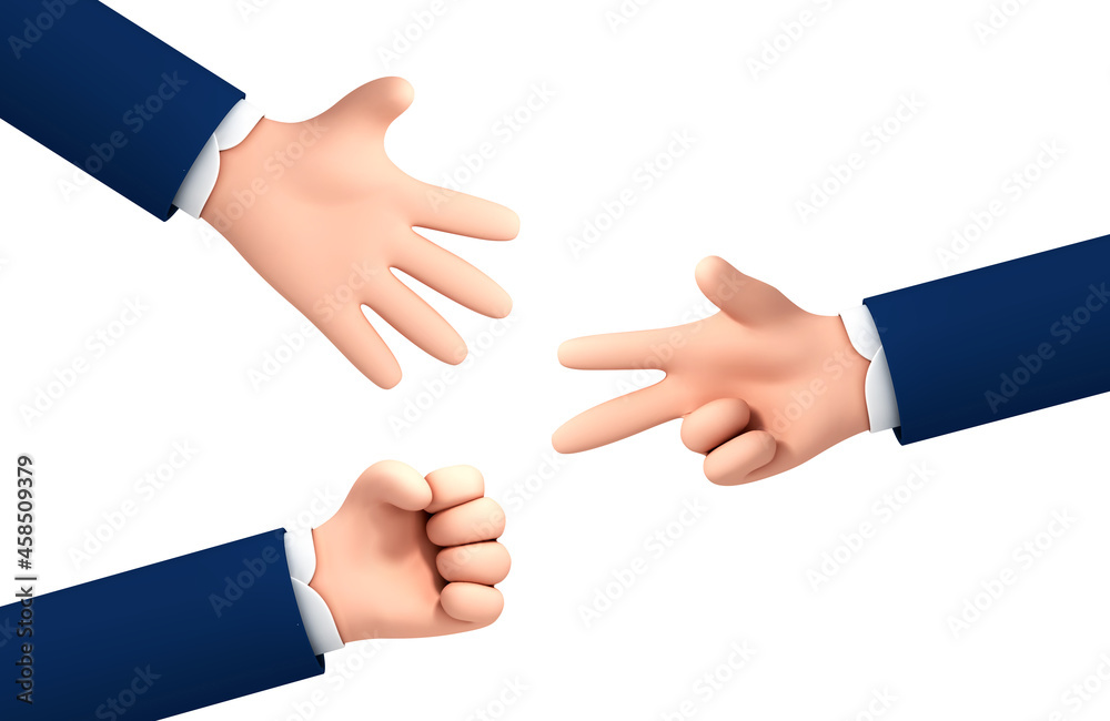 Vector cartoon businessman hands play rock paper scissors game isolated on white background. Rock paper scissors hand game process. Hand gestures set.