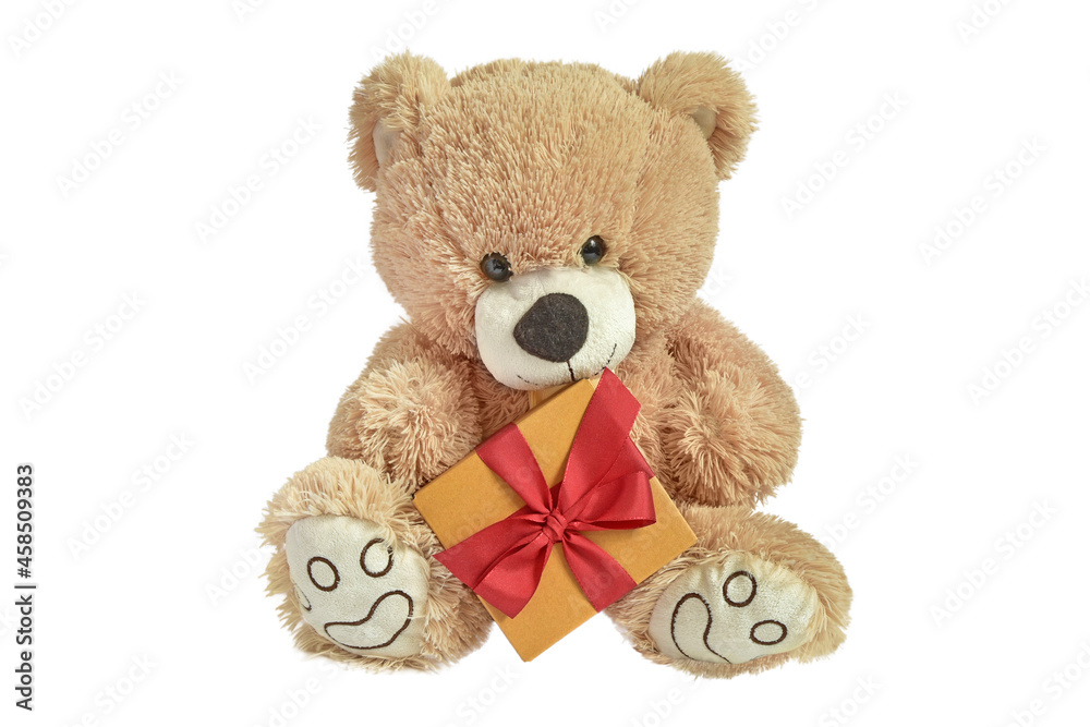 Obraz premium brown shaggy baby bear with a gift on a white background. Toy with a box and a red ribbon. Presentation of the gift. Clipart. Design element
