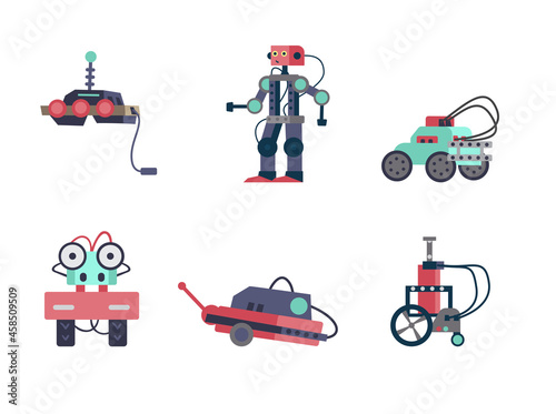 Vector set of robots and mechanisms. Robotics and programming for kids. Isolated on white.